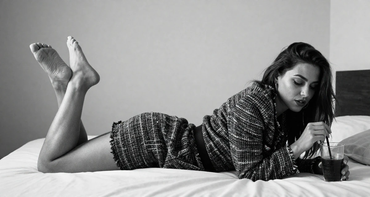 A seductive Female From Kazakhstan, based in Almaty, graduated from a state university majoring in journalism in their 23, finding comfort in semi-bold outfits that feel empowering, wearing a tweed mini skirt and a matching jacket, stirring a drink in a minimalist bedroom.