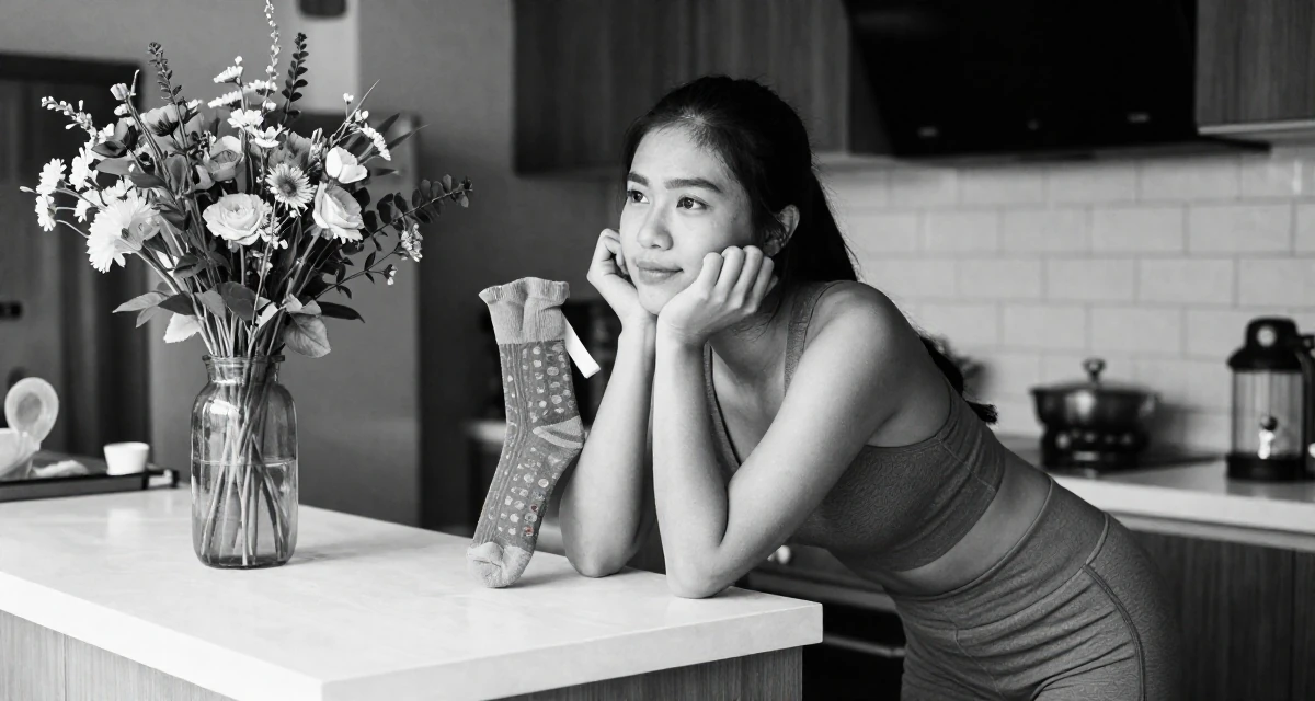A dreaming Female From Thailand, based in Chiang Mai, graduated from a regional college majoring in content production in their 22, dating casually to avoid serious commitment, wearing a fitted athletic wear, pulling up a sock in a sunlit kitchen island.