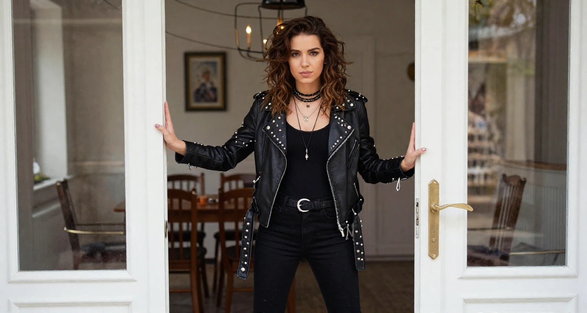 A harmonious Female From Romania, based in Timișoara, graduated from a creative program majoring in evocative content production in their 20, balancing part-time jobs with intense study schedules, wearing a heavy metal rocker outfit with studs and leather, pushing a door open in a dining room.