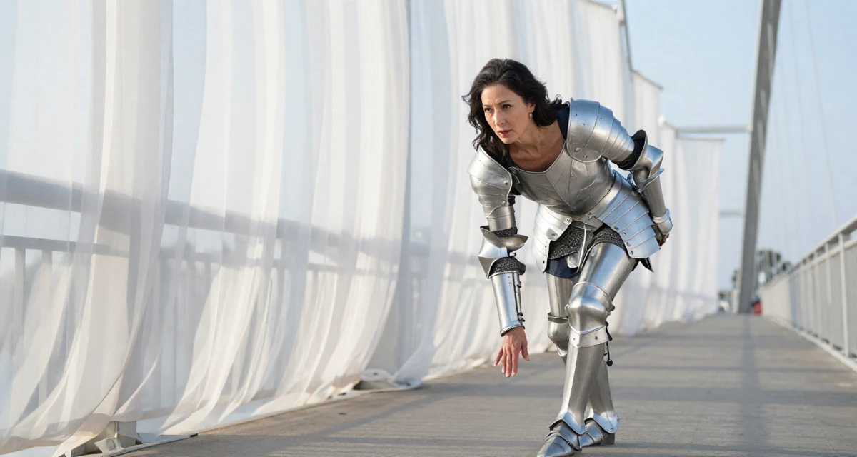 A fearless Female Once a biology lab intern, now crafting sensual science-themed content in their 40, navigating the balance of career and aging parents, wearing a fantasy warrior princess armor made of silver metal, tapping a foot rhythmically in a bridge walkway.