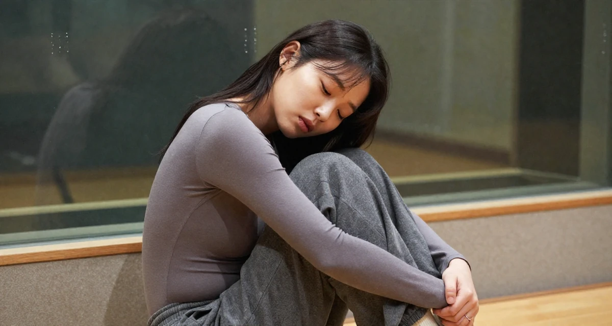 A sleepy Female From South Korea, studied textile design and fashion in their 25, planning next steps in personal development, wearing a high-cut bodysuit paired with loose jogging bottoms, clasping hands together in a recording booth.