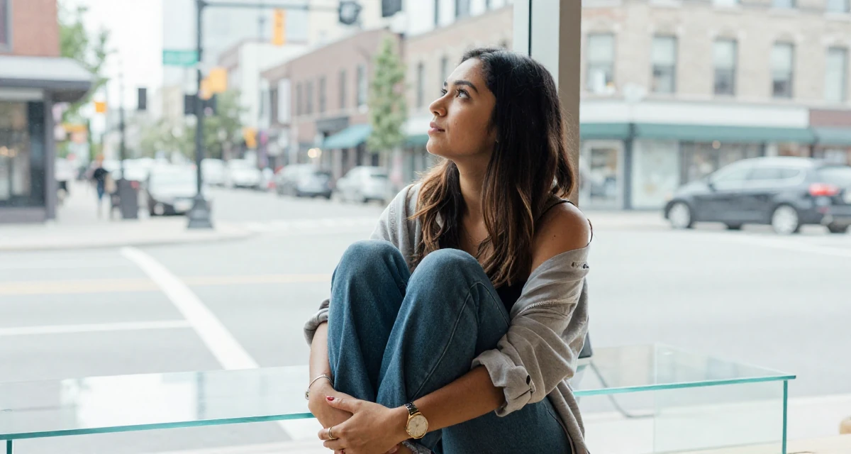 A hypnotic Female From Toronto Canada, self-taught in boudoir lighting and set styling in their 21, drifting between different friend groups, wearing a relaxed streetwear, gazing at the sky in a busy intersection.