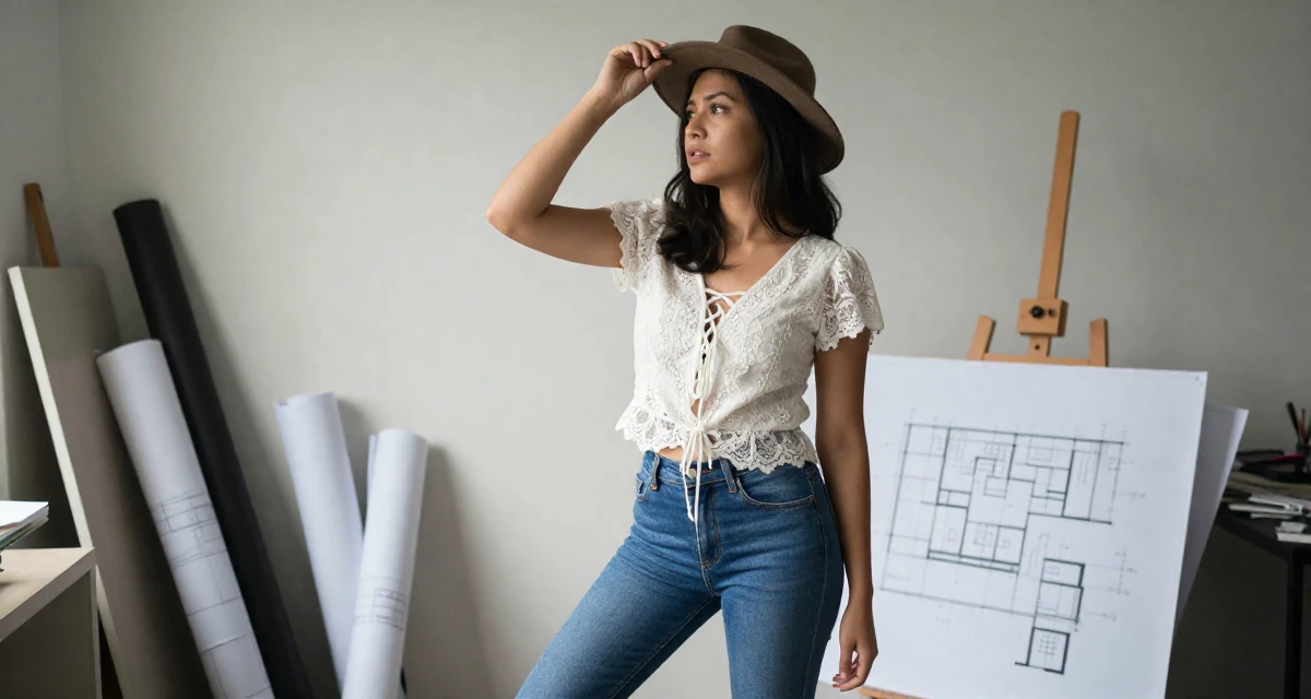 A relaxed Female Born in Indonesia, studied brand communication in their 30, stepping confidently into a new decade of life, wearing a lace-up front top and skinny jeans, holding a hat in a messy artist studio.