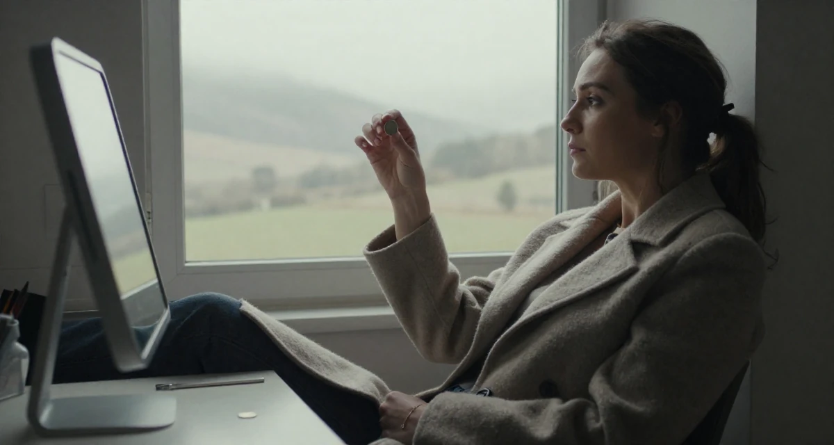 A lazy Female Former accountant in her 40s, now embracing body confidence and digital art in their 22, entering the workforce with limited experience, wearing a elegant woolen coat styling, flipping a coin in a vanity mirror.