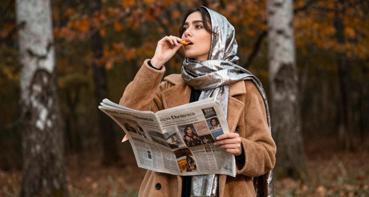 A soulful Female From Indonesia, based in Surabaya, graduated from a creative academy majoring in multimedia arts in their 20, experiencing the first taste of freedom away from home, wearing a layered autumn coat and scarf, holding a newspaper in a autumn forest.