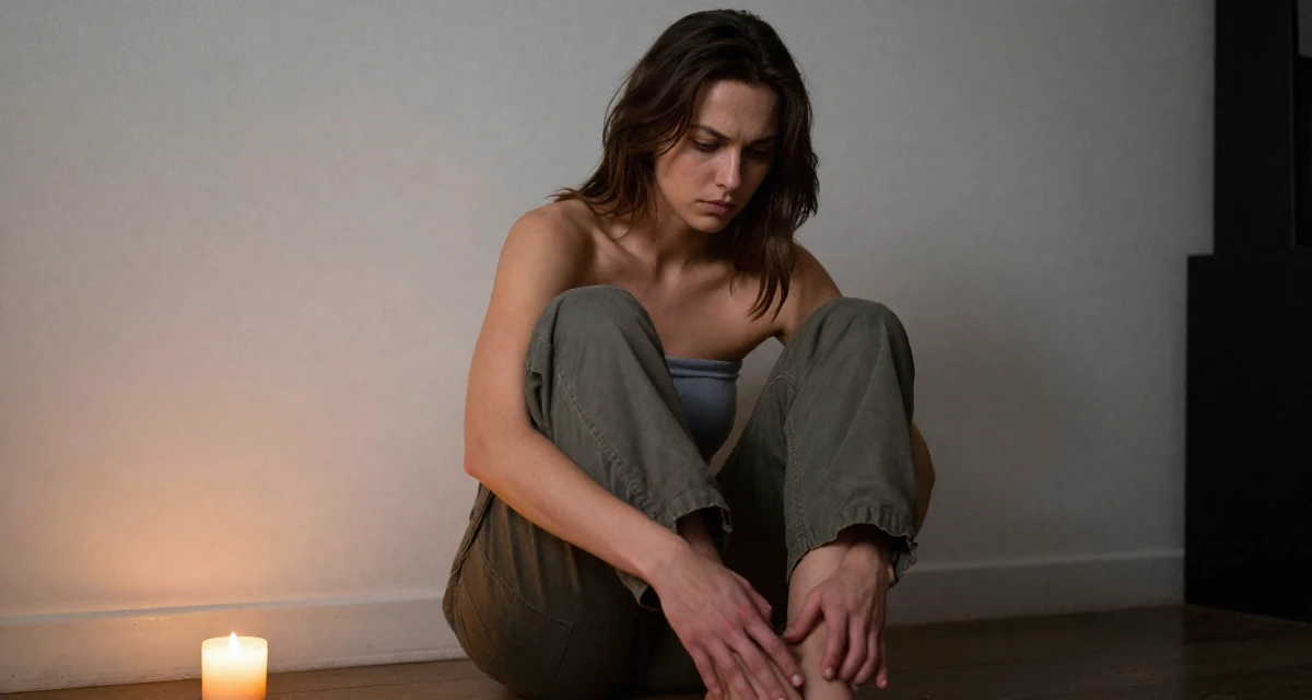 A seriously concentrated Female Once a biology student, now exploring sensual posing as art in their 24, managing emotional ups and downs from online criticism, wearing a strapless tube top and cargo pants, tapping a foot rhythmically in a basement studio.