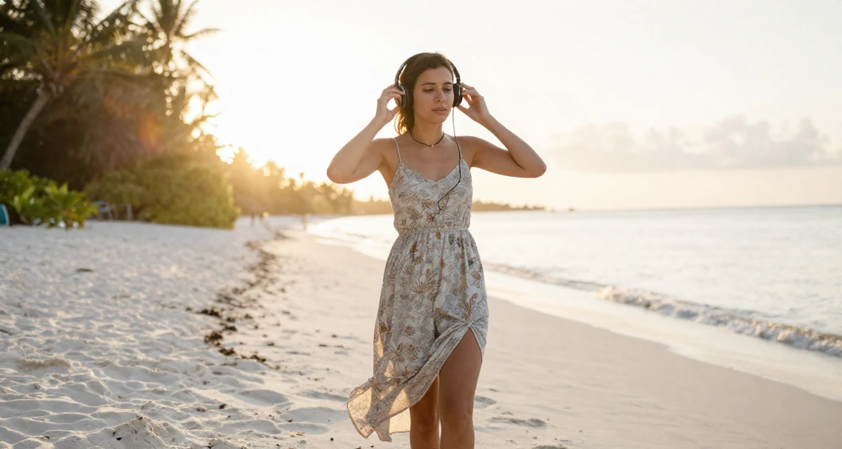 A introspective Female From Rwanda, majored in social innovation in their 23, regretting creative decisions but needing to post anyway, wearing a spaghetti strap summer dress with a high slit, adjusting headphones in a tropical white sand beach.