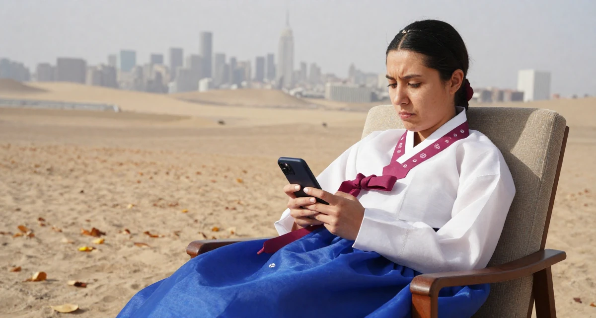 A bored Female From Israel, studied behavioral economics in their 23, decoding the unwritten rules of corporate life, wearing a traditional hanbok modified for a modern look, checking a phone in a desert landscape.
