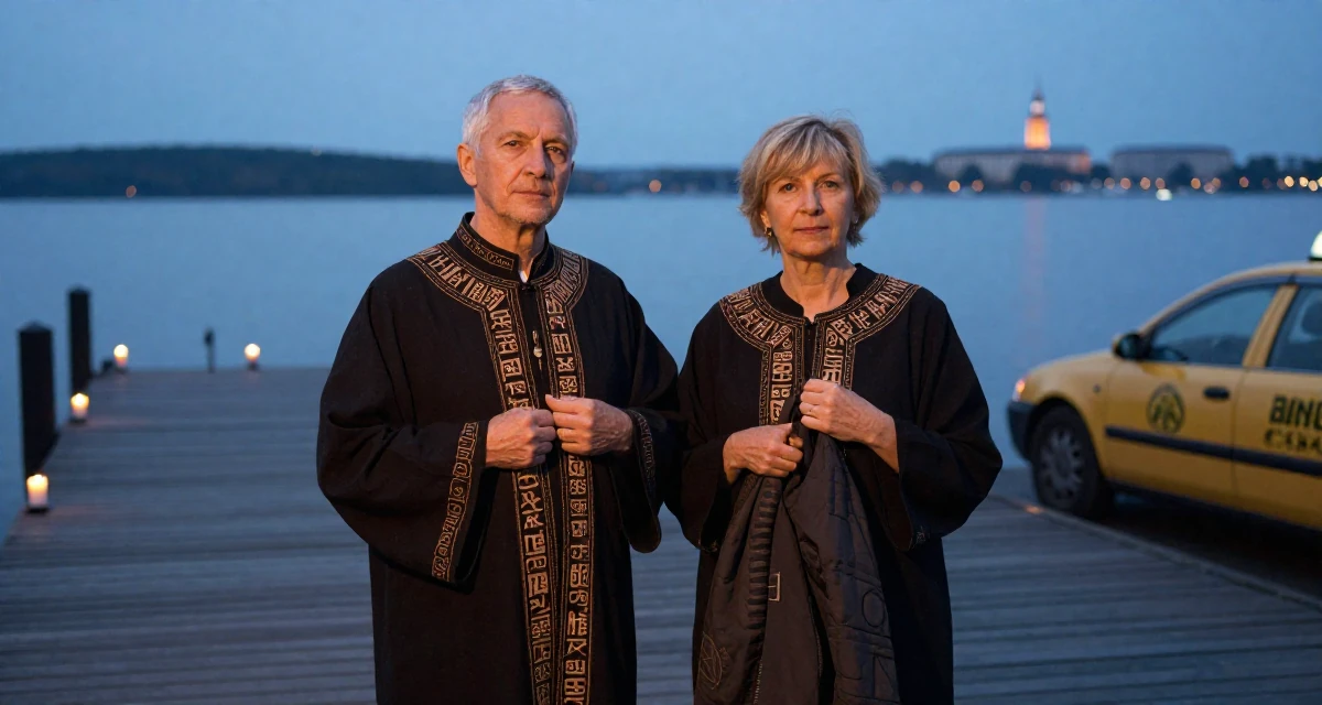 A quietly confident Female From Poland, studied biotechnology in their 40, supporting aging parents, wearing a cultist robe with mysterious rune embroidery, waiting for a taxi in a serene lakeside dock.