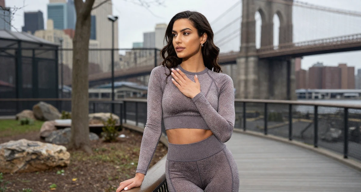 A sophisticated Female From Egypt, majored in archaeology in their 34, seeking spiritual or philosophical growth, wearing a gym shark style seamless leggings and matching crop top, rubbing hands together for warmth in a zoo enclosure path.