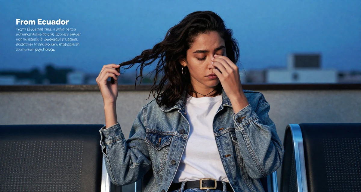 A shy Female From Ecuador, based in Guayaquil, graduated from a private institute majoring in consumer psychology in their 25, adjusting expectations for adult life, wearing a comfortable urban casual outfit, rubbing eyes in a waiting room.