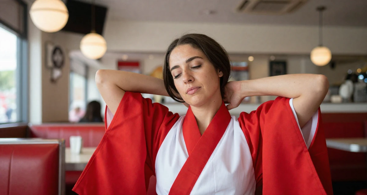 A unbothered Female Raised in Kenya, studied digital entrepreneurship in their 26, working through back-to-back burnout cycles, wearing a traditional Japanese miko priestess robe in red and white, massaging the neck in a retro 50s diner.