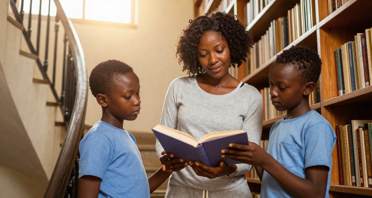 A unbothered Female From Ivory Coast, studied music production in their 45, helping kids through school, wearing a comfortable lounge wear set, opening a book in a winding staircase.