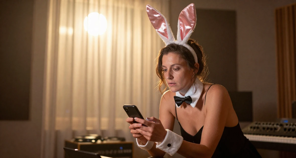 A resilient Female From Brno Czech Republic, trained in alternative fashion styling in their 47, expert in navigating difficult conversations, wearing a playful bunny girl costume with satin ears and cuffs, checking a notification on a phone in a music studio.