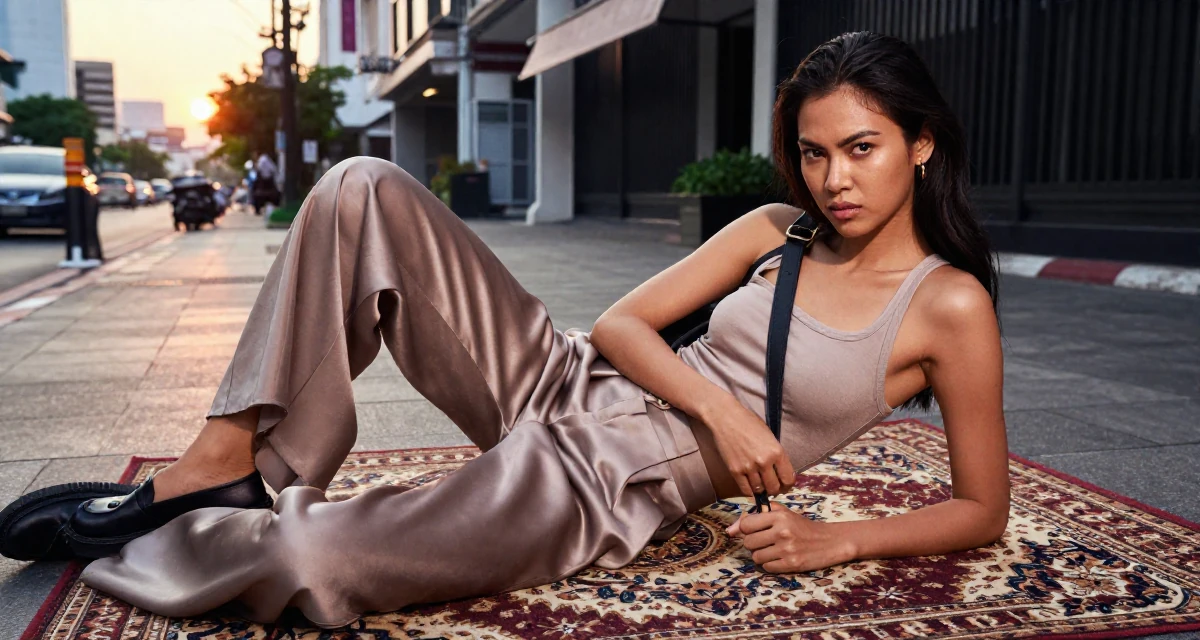 A intense Female From Thailand, majored in tourism in their 25, struggling to stay consistent during exams, wearing a loose silk trousers and a fitted tank top, adjusting a shoulder strap in a city sidewalk.