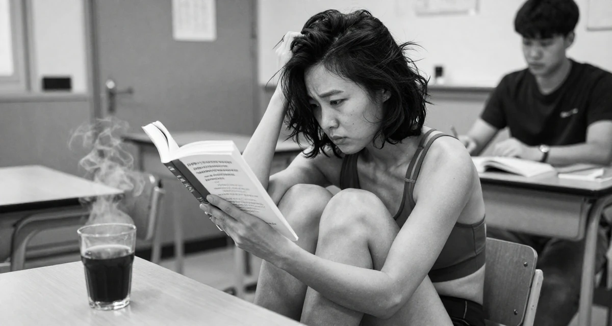 A tired Female From Seoul South Korea, studied K-style beauty and content editing in their 34, reviewing books and sharing reading lists, wearing a strappy gym top and compression shorts, messing up hair playfully in a classroom setting.