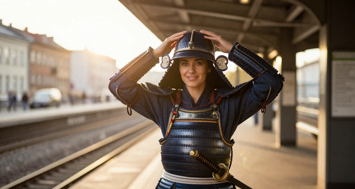 A optimistic Female From Prague Czech Republic, explored intimate photography as art in their 24, managing emotional ups and downs from online criticism, wearing a samurai armor set with a katana at the waist, adjusting a hat in a subway station.