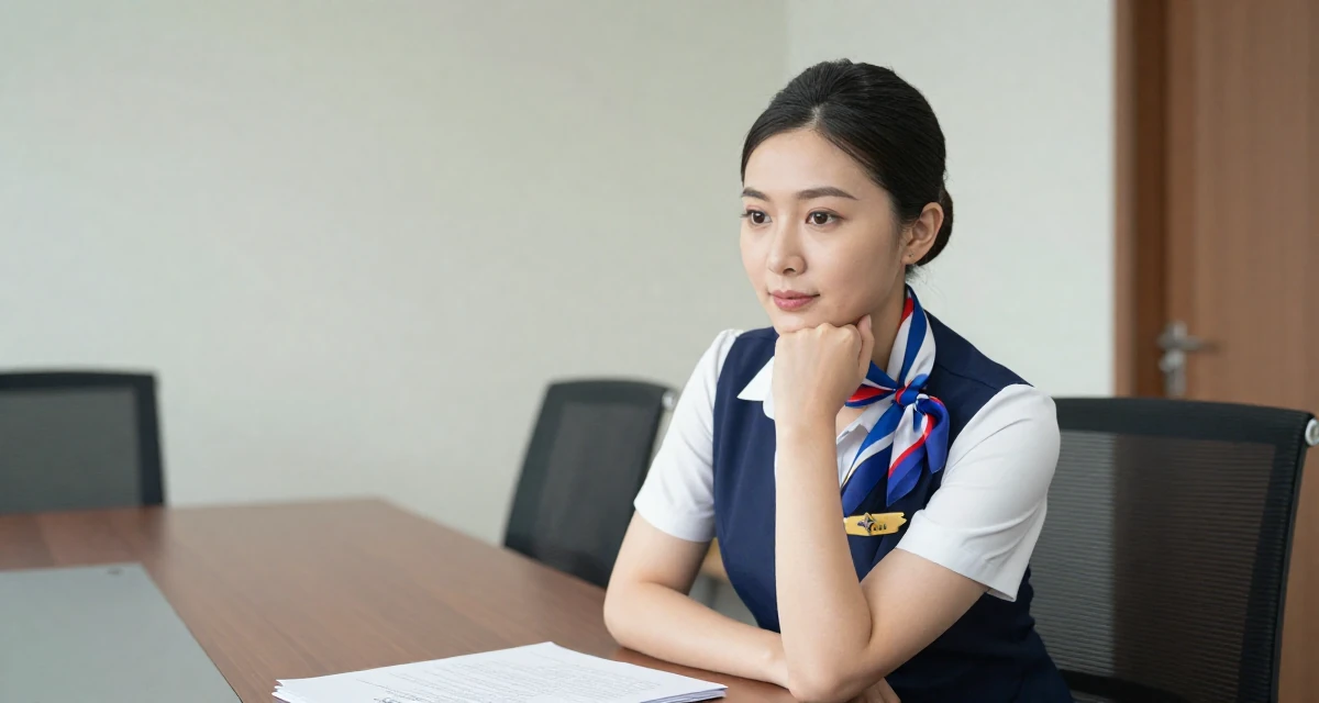 A calmly observant Female Once a photography assistant, now starring in her own visual stories in their 42, renovating a forever home with detailed care, wearing a flight attendant uniform with a silk scarf, resting a chin on a hand in a conference room.
