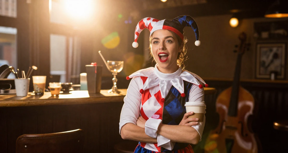 A energetic Female Former personal trainer, now documenting transformation journeys for fans in their 25, experimenting with niche themes to stand out, wearing a harlequin jester costume with a diamond pattern, holding a coffee cup with both hands in a dimly lit jazz bar.