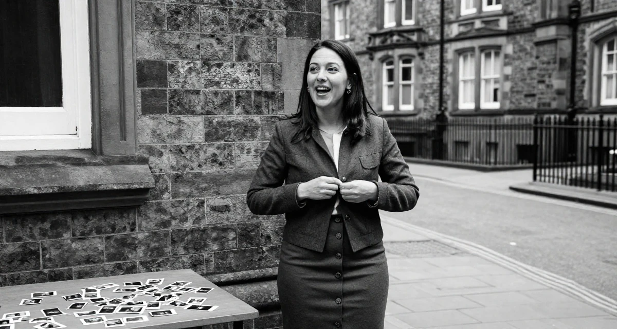 A vibrant Female From the United Kingdom, based in Manchester, graduated from a city university majoring in marketing strategy in their 49, savvy investor sharing retirement planning tips, wearing a fitted midi skirt with buttons down the front, buttoning up a jacket in a university campus.