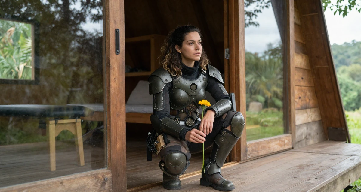 A introspective Female From Brazil, trained in physical therapy in their 22, exploring early career opportunities, wearing a biopunk organic armor suit, holding a flower in a rustic wooden cabin interior.