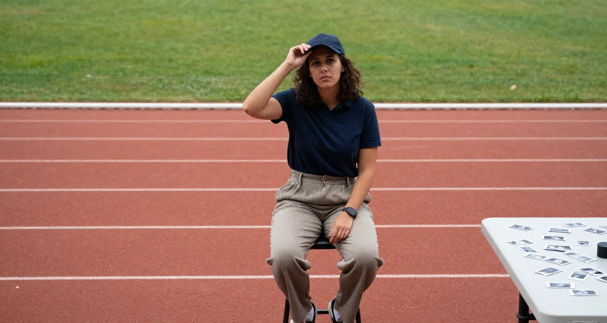 A grounded Female From United States, majored in hospitality operations in their 22, feeling the imposter syndrome in a first serious job, wearing a relaxed fit pleated trousers, adjusting a hat in a running track.