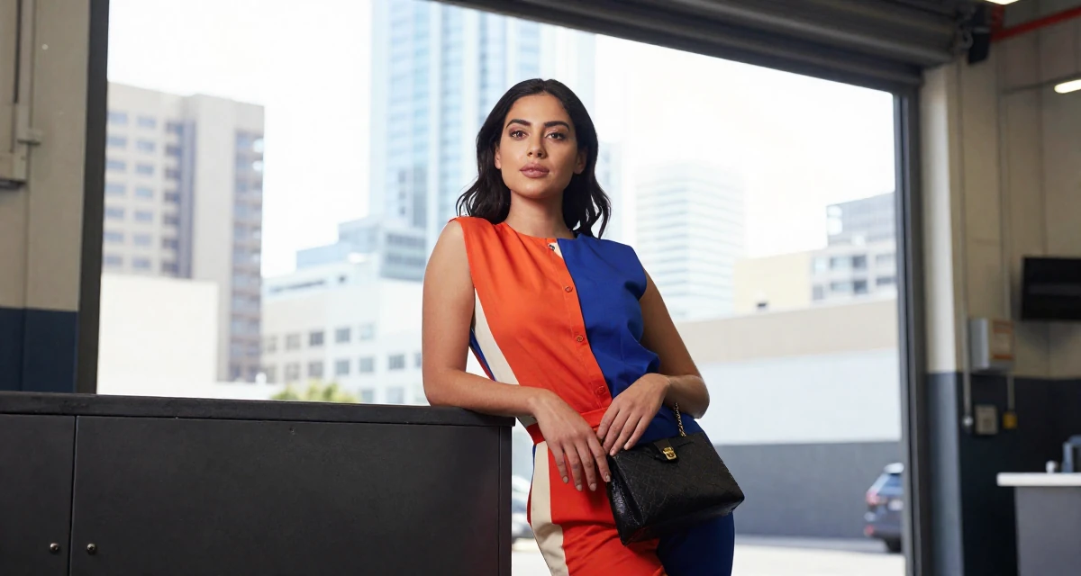 A poised Female From Australia, studied event management in their 28, feeling a renewed sense of ambition, wearing a bold color-block outfit, holding a purse tightly in a mechanic garage.