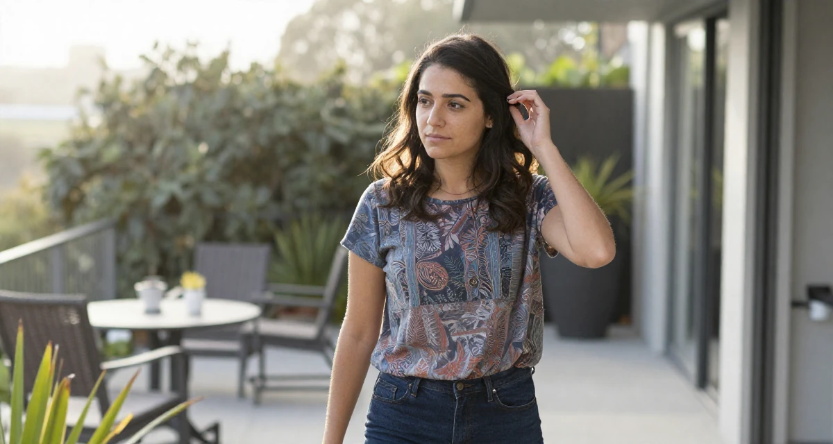 A calmly observant Female Born in New Zealand, studied creative media production in their 23, learning to rebuild after severe drops in engagement, wearing a artistic layered clothing, adjusting a hairpin in a sunny patio.