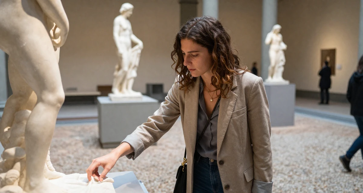 A engrossed Female From Florence Italy, majored in sculpture arts in their 30, prioritizing quality over quantity in friendships, wearing a smart casual blazer ensemble, reaching for a pocket in a museum exhibit.