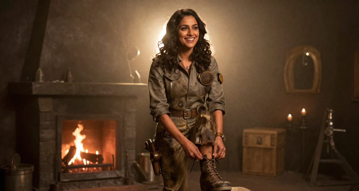 A joyful Female Raised in Bangladesh, studied consumer insights in their 38, capturing cinematic moments of daily life, wearing a steampunk mechanic jumpsuit with grease stains, tying a shoelace in a dungeon cell.