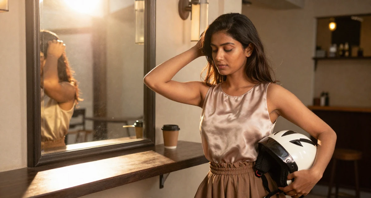 A humble Female Born in India, studied data analytics for media in their 44, building a second stream of passive income, wearing a sleeveless silk top and a high-waisted skirt, holding a helmet in a vanity mirror.