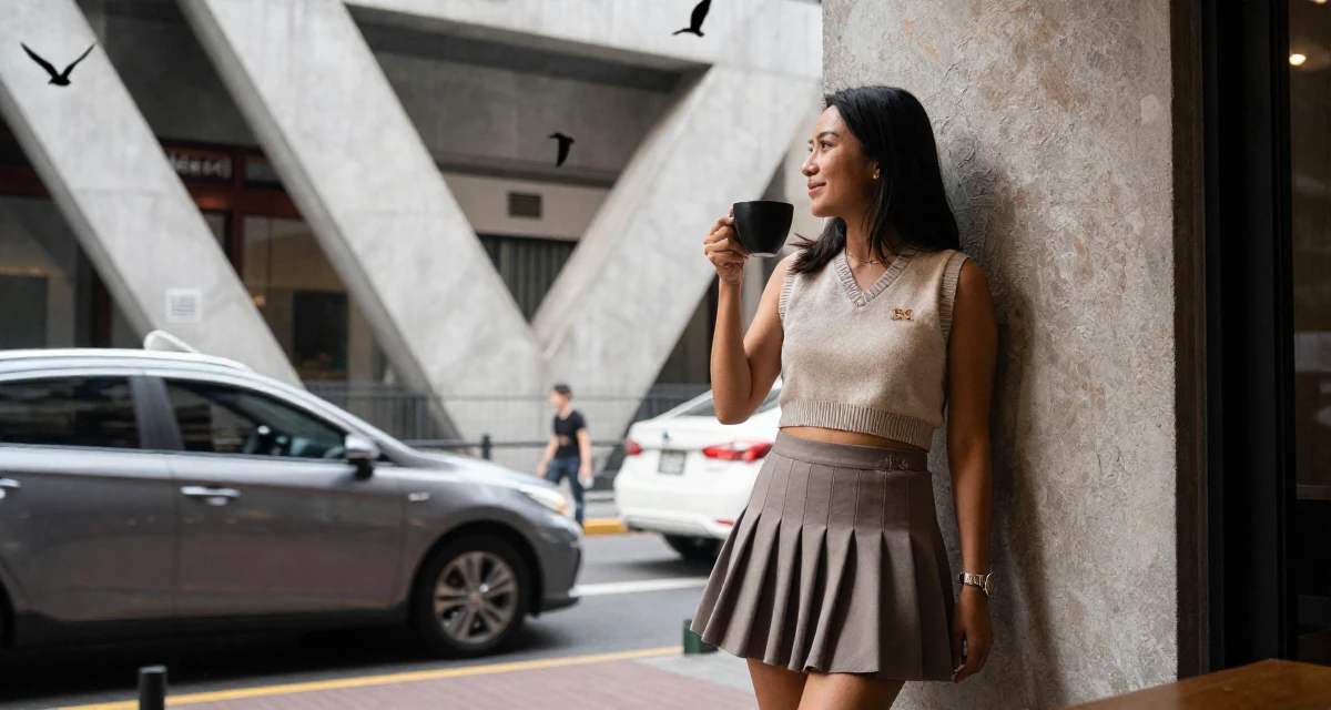 A sweet Female From Philippines, studied nursing before switching careers in their 36, expert in coffee culture and brewing, wearing a cropped sweater vest and a pleated mini skirt, watching traffic pass by in a high-end restaurant.