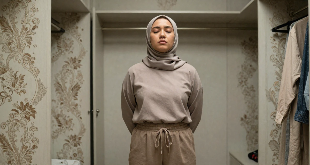 A fragile Female From Johor Malaysia, studied early childhood education in their 36, focusing on mental health and mindfulness, wearing a muted earth-tone clothing set, taking a deep breath in a walk-in wardrobe.