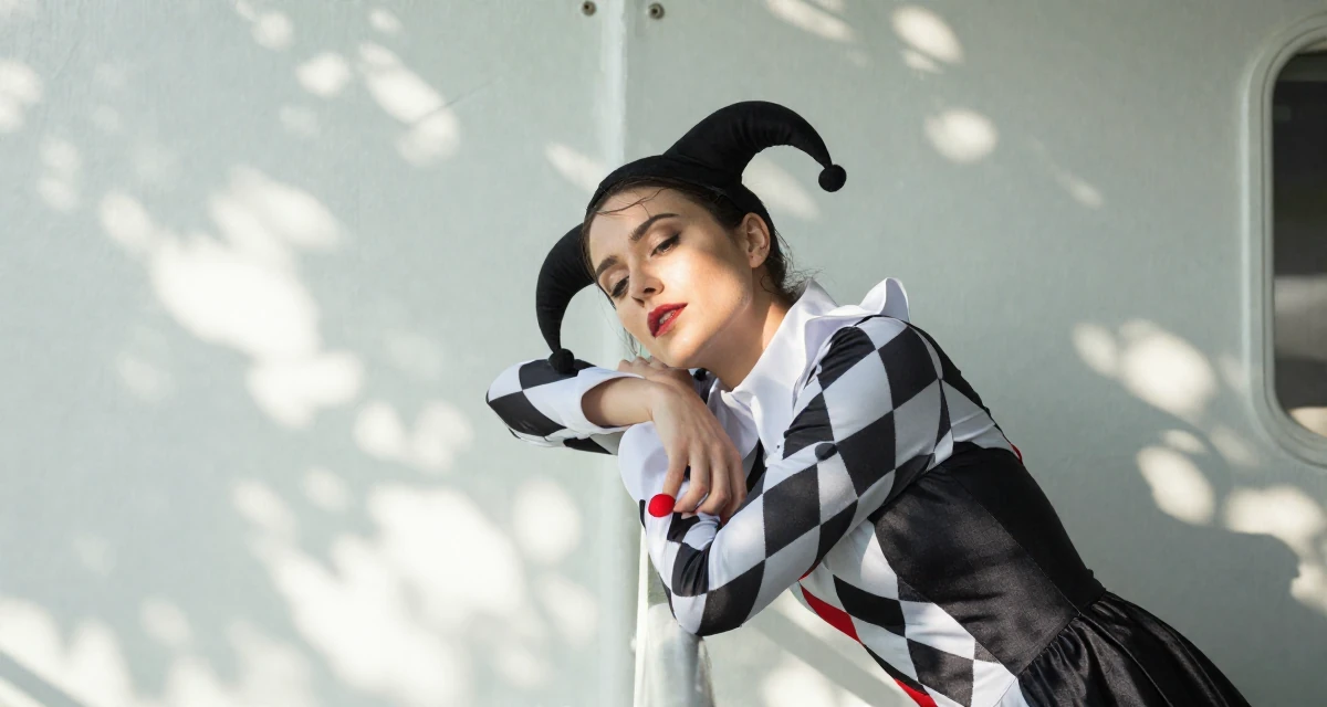 A magnetic Female Previously a hairstylist, now showcasing transformation-driven content in their 22, investing in outfits that complement sensual expression, wearing a harlequin jester costume with a diamond pattern, taking a deep breath in a ferry deck.
