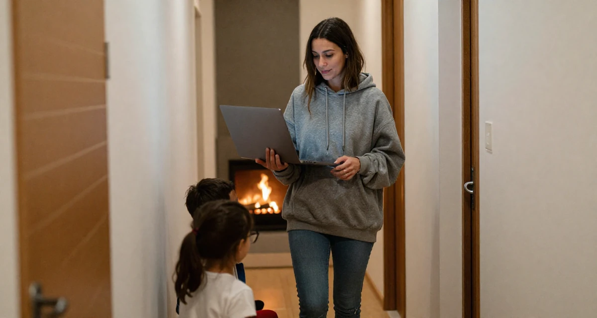 A soft Female From Barcelona Spain, trained in creative directing for personal content in their 45, helping kids apply for college and empty nesting, wearing a trendy oversized hoodie, holding a laptop in a narrow hallway.