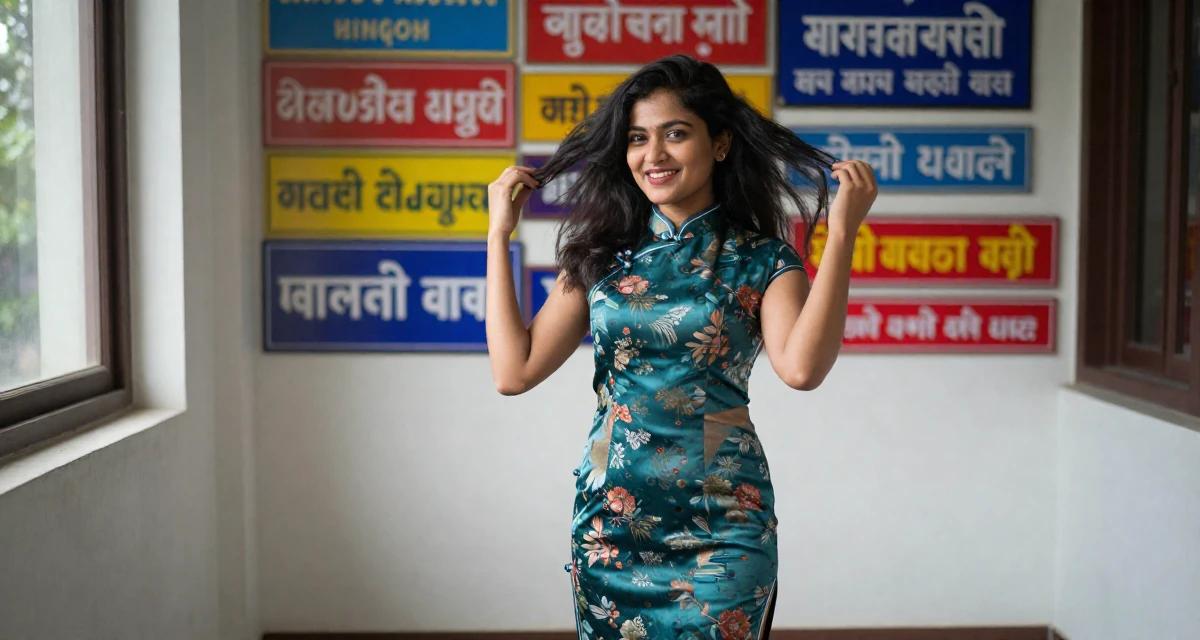 A delighted Female From India, studied biotechnology in their 24, building a flirty persona fans instantly recognize, wearing a Chinese qipao (cheongsam) modified with a high slit, twirling a lock of hair in a quiet library corner.