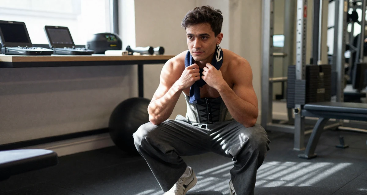 A innocent male From the United Kingdom, based in Manchester, graduated from a city university majoring in marketing strategy in their 27, recovering from hustle culture fatigue, wearing a corset-style top and wide-leg trousers, adjusting a scarf in a gym interior.