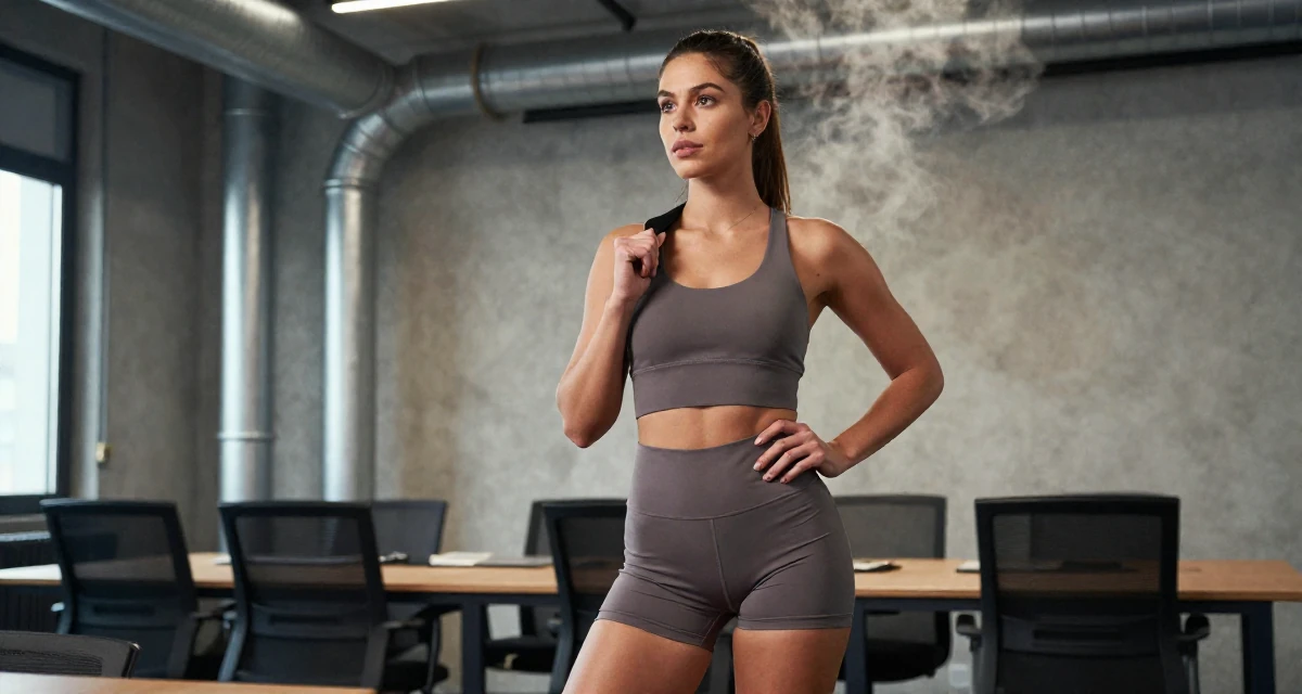 A aloof Female From France, has a background in luxury brand management in their 24, mastering the art of work-life separation, wearing a cropped gym top and high-cut running shorts, gripping a lapel in a conference room.