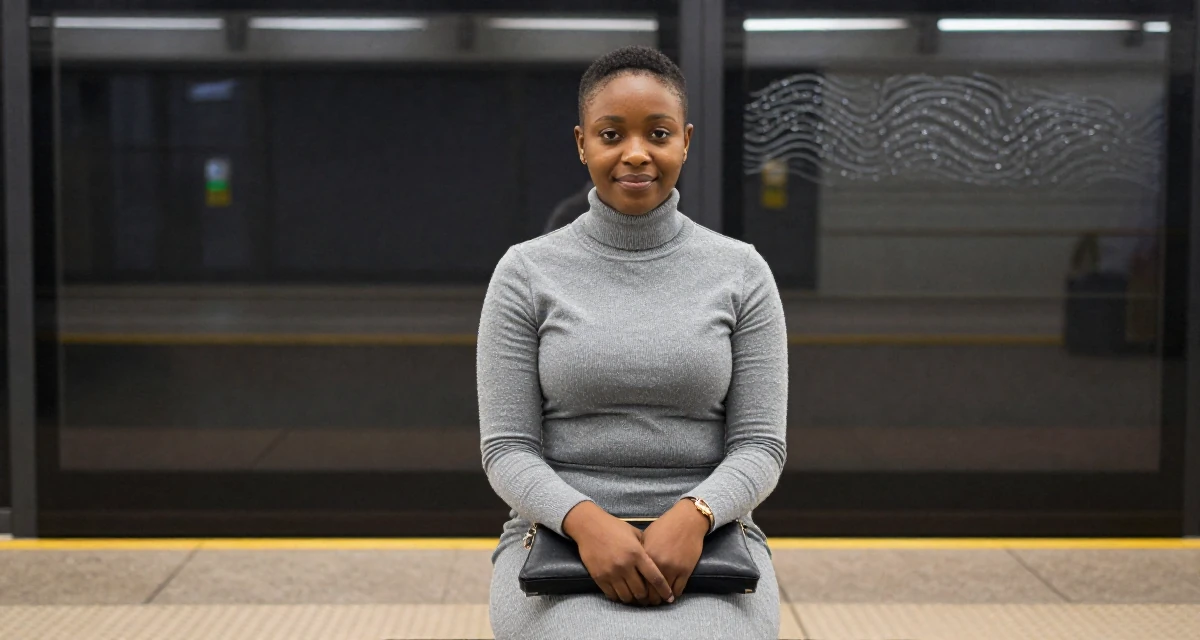 A gentle Female Born in South Africa, studied political communication in their 22, dealing with inconsistent income month to month, wearing a fitted turtleneck and skirt, clutching a clutch bag in a subway platform.