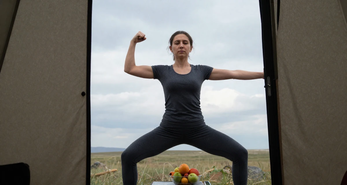 A stoic Female From Uzbekistan, majored in information systems in their 39, sharing meditation and stress-relief techniques, wearing a fitted athletic wear, pulling a door open in a camping site.