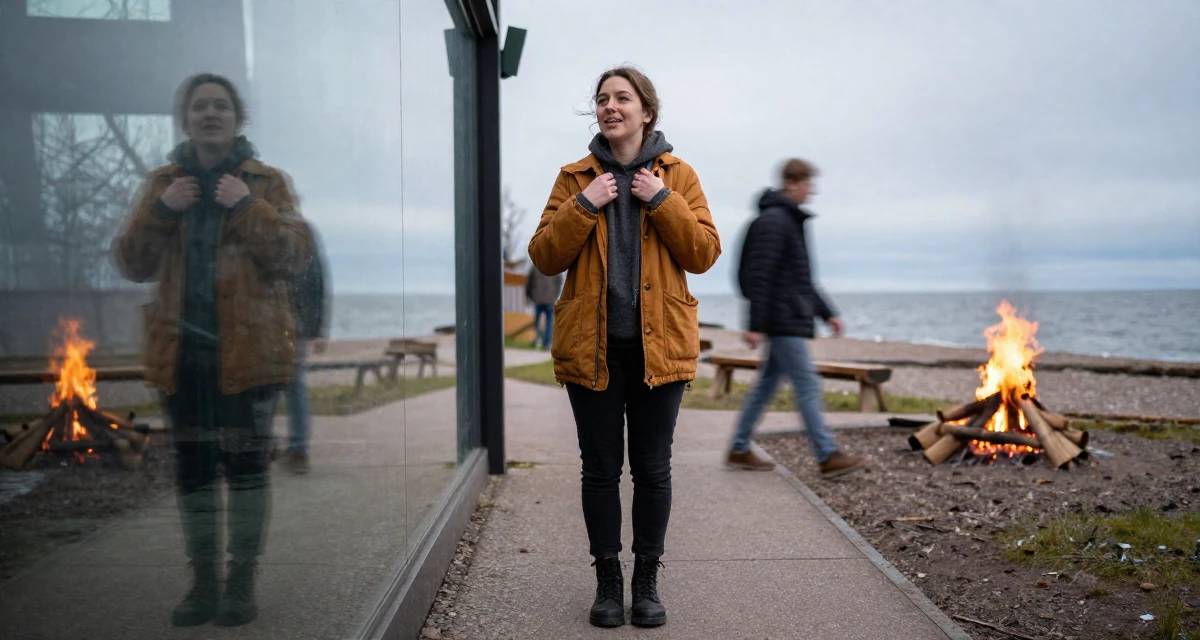 A inspired Female From Finland, based in Tampere, graduated from a tech university majoring in human-centered design in their 25, building confidence through small achievements, wearing a warm winter layered look, adjusting a collar in a zoo pathway.