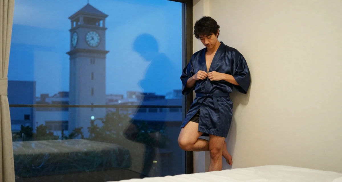 A relieved male From Osaka Japan, learned cosplay craftsmanship and character styling in their 30, first-time entrepreneur building a startup, wearing a short silk robe tied loosely, zipping up a bag in a minimalist bedroom.