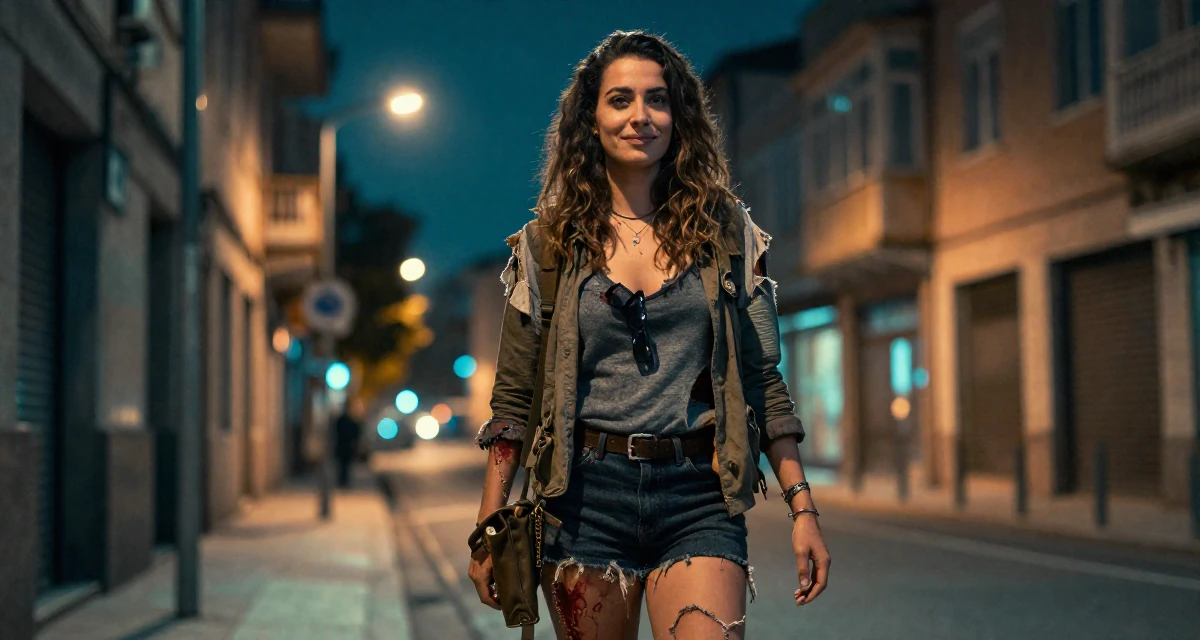 A smiling gently Female From Portugal, majored in digital storytelling in their 29, solidifying professional reputation, wearing a zombie apocalypse survivor gear with torn clothes, pausing mid-step in a urban street.