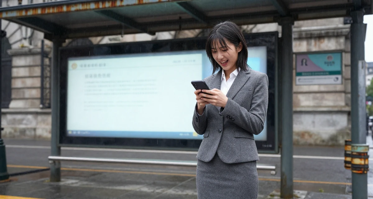 A enthusiastic Female From China, majored in journalism in their 20, trying to balance academic pressure and social life, wearing a grey wool skirt suit with a fitted jacket, checking a phone in a bus stop in the rain.