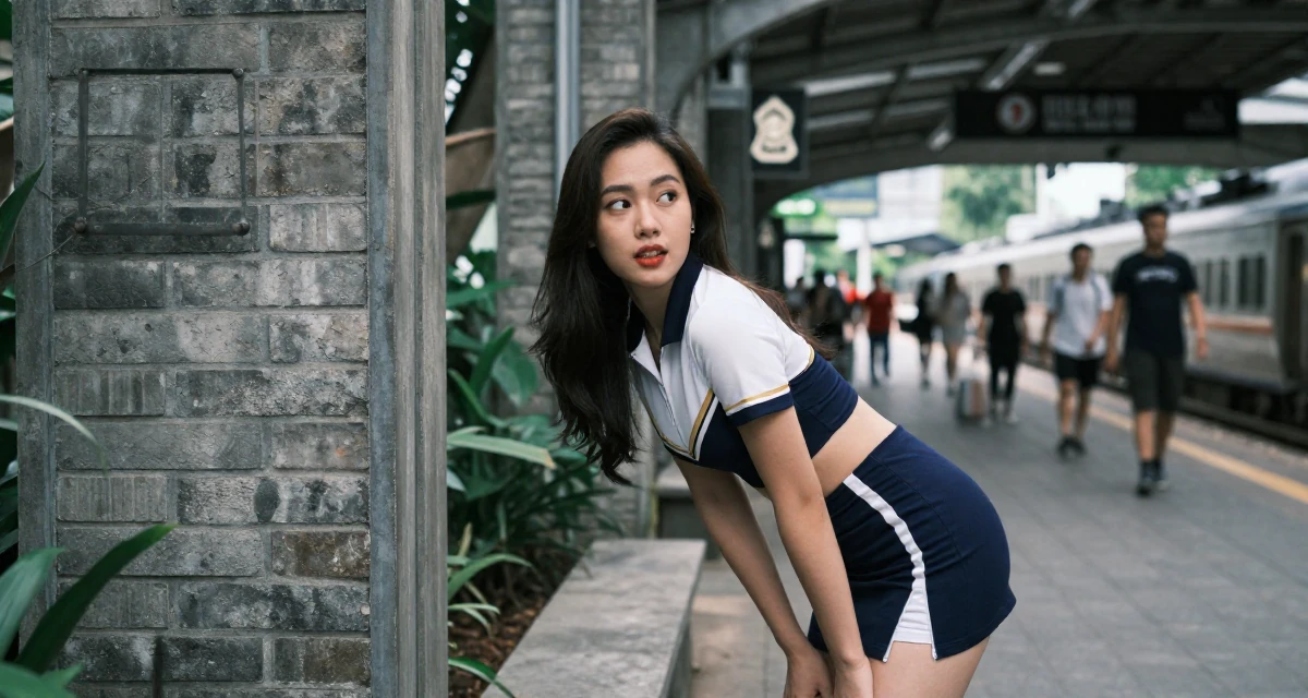 A playful and energetic Female From Vietnam, majored in international business in their 24, managing emotional highs and lows of early adulthood, wearing a race queen outfit with a zipper front and mini skirt, glancing over the shoulder in a botanical garden.