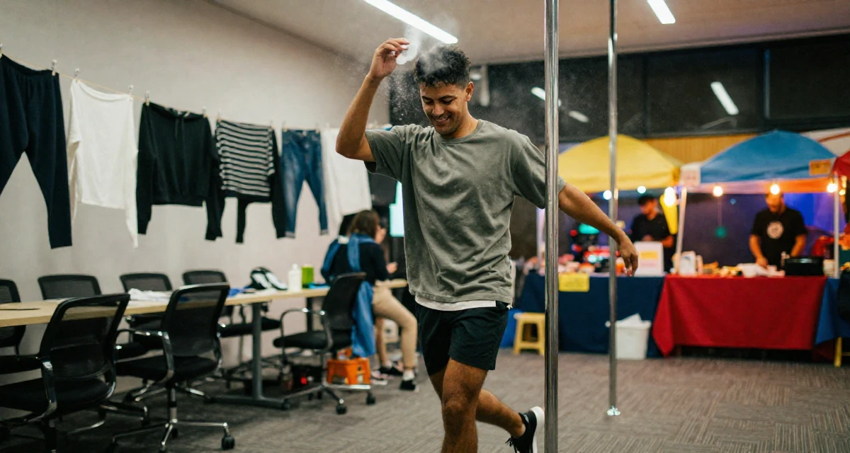 A hopeful male From Sydney Australia, trained in pole fitness and expressive dance in their 23, feeling pressure to “figure life out” quickly, wearing a relaxed streetwear, brushing off dust in a conference room.