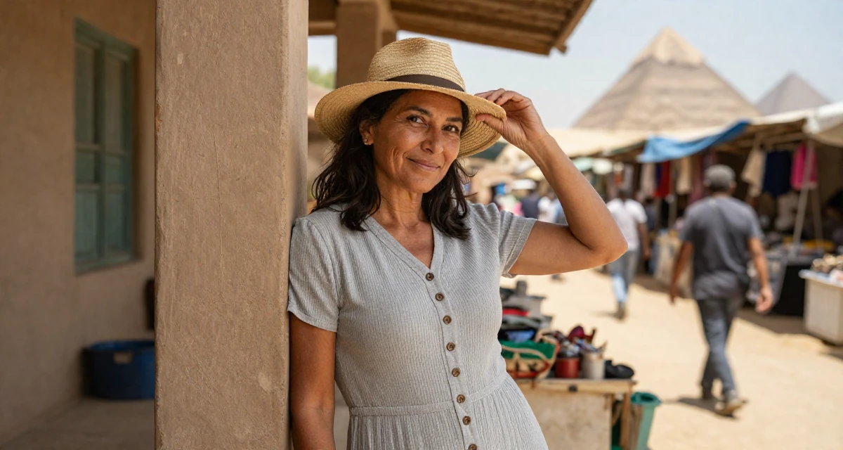 A witty Female Once a freelance translator, now exploring multilingual creator content in their 35, glowing with the wisdom of experience, wearing a ribbed cotton dress with buttons down the front, adjusting a hat in a front porch.