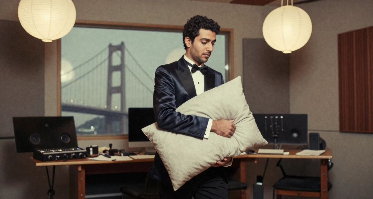 A grounded male Born in Egypt, studied public relations in their 25, struggling to stay consistent during exams, wearing a satin lapel blazer and tuxedo pants, hugging a pillow or cushion in a music studio.