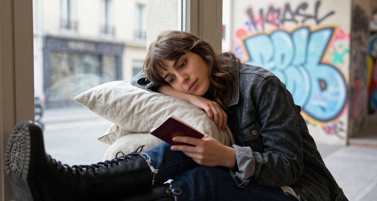 A calmly observant Female From France, based in Lyon, graduated from an arts school majoring in fashion communication in their 21, constantly documenting life for an audience, wearing a edgy street style with boots, holding a passport in a urban street.