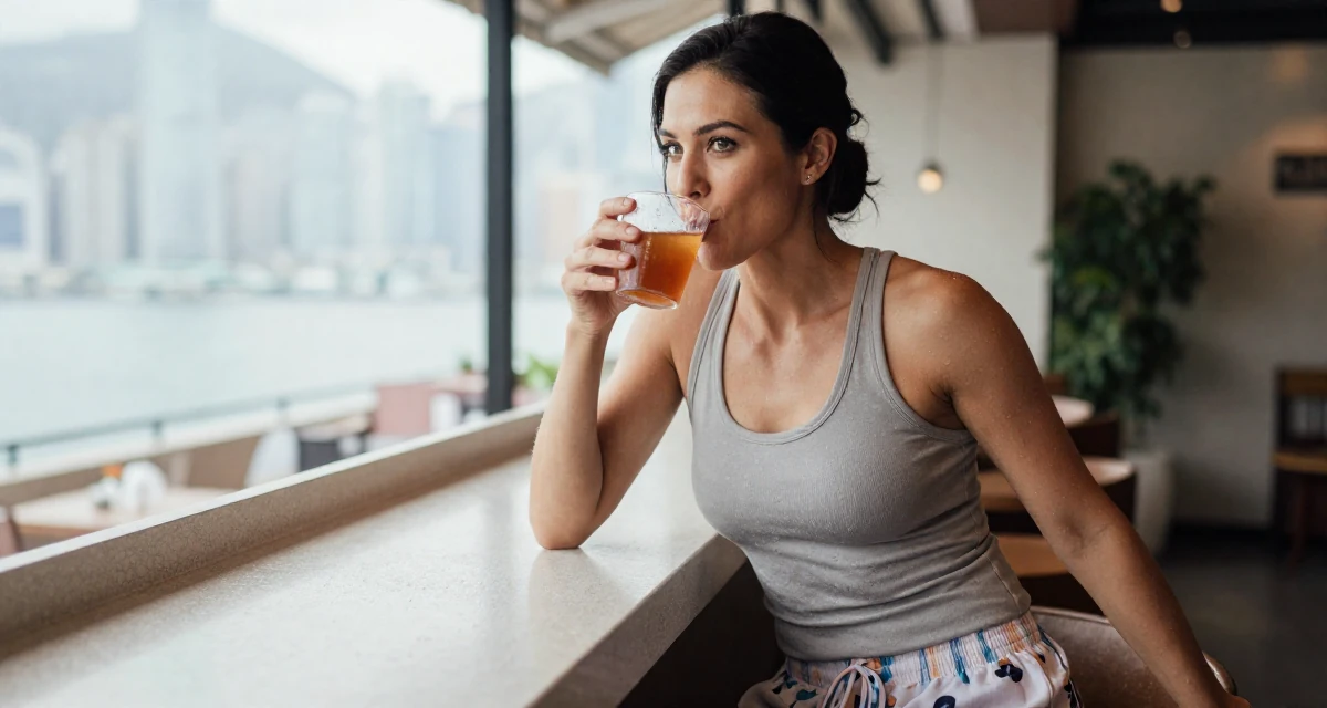 A amused Female From Hong Kong, studied digital media arts in their 40, embracing natural beauty and self-acceptance, wearing a fitted racerback tank and pajama shorts, sipping a warm drink in a wedding venue.